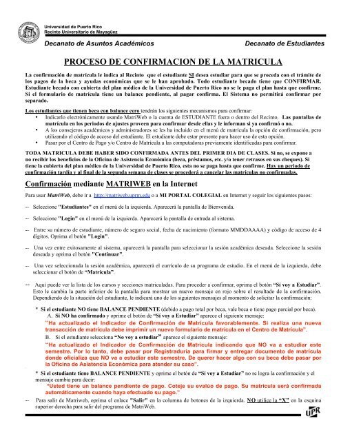PROCESO DE CONFIRMACION DE LA MATRICULA - UPRM