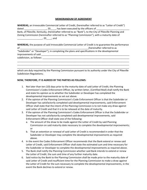 MEMORANDUM OF AGREEMENT WHEREAS ... - Pikeville Kentucky