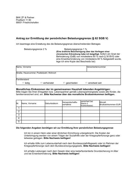 ZF010401 Antrag Befreiung von Zuzahlungen - BKK ZF & Partner
