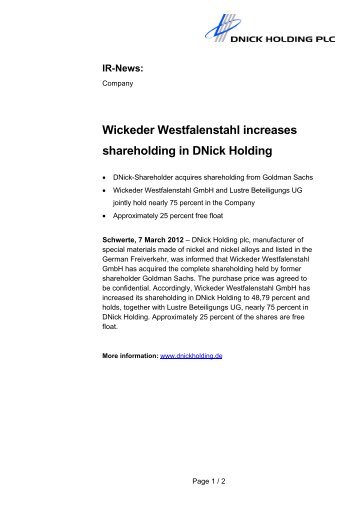 Wickeder Westfalenstahl increases ... - DNick Holding plc