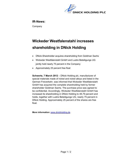 Wickeder Westfalenstahl increases ... - DNick Holding plc