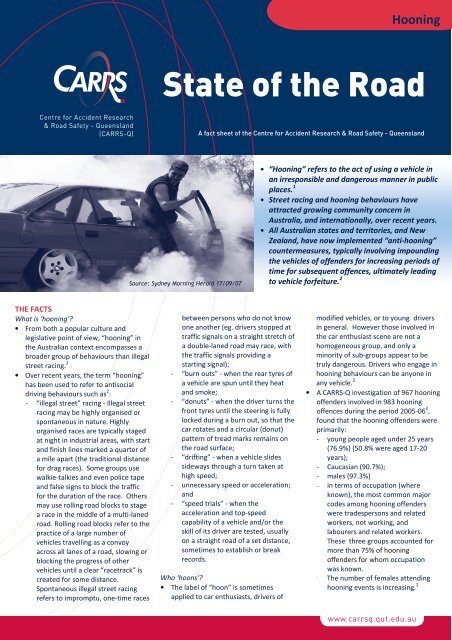 Hooning fact sheet - Centre for Accident Research and Road Safety ...
