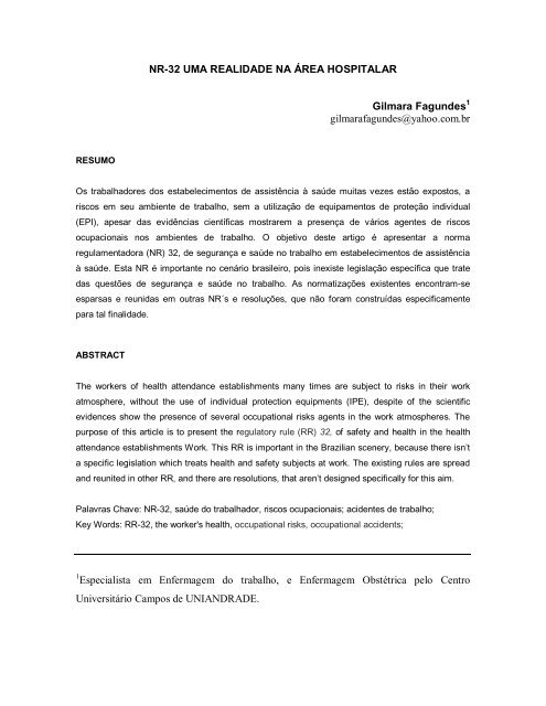 NR-32: uma realidade na Ã¡rea hospitalar â Gilmara Fagundes