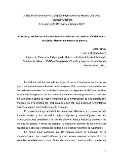 Aportes y problemas de los testimonios orales en la construcciÃ³n ...