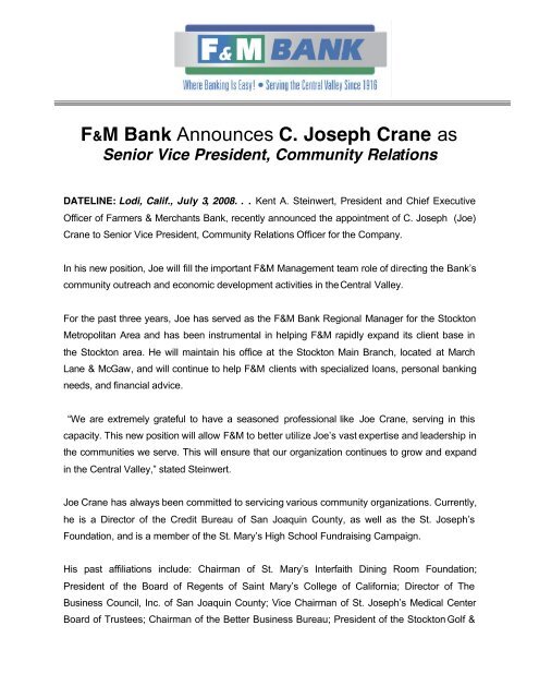 F&M Bank Announces C. Joseph Crane as Senior Vice President ...