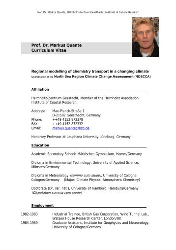 Prof. Dr. Markus Quante Curriculum Vitae - Institute of Coastal ...