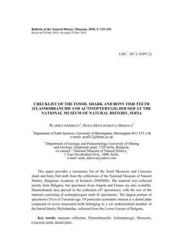 CHECKLIST OF THE FOSSIL SHARK AND BONY FISH TEETH ...