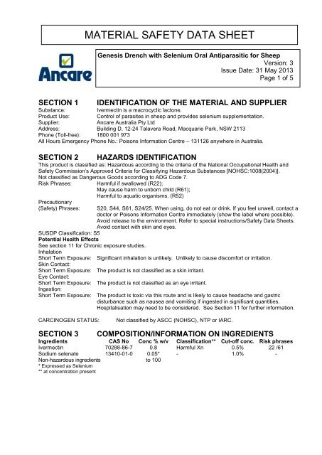 GENESIS DRENCH with Selenium MSDS - Ancare