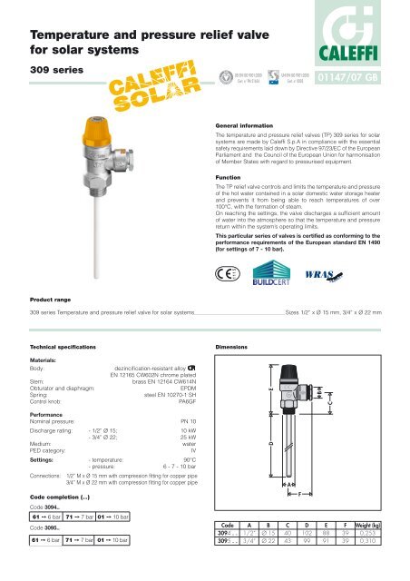 Temperature and pressure relief valve for solar systems - Caleffi