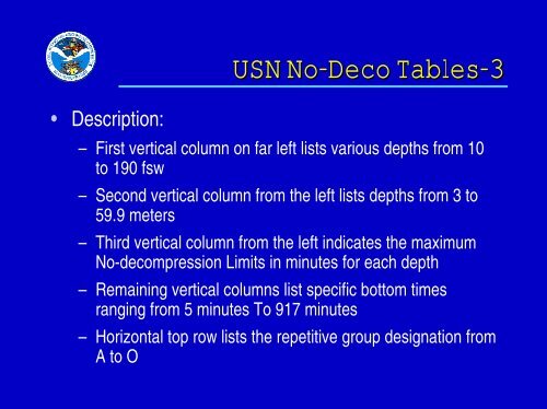 US Navy Decompression Tables and Procedures, Part One