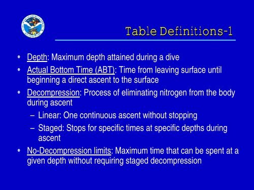 US Navy Decompression Tables and Procedures, Part One