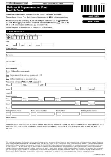 Rollover & Superannuation Fund Switch Form - Colonial First State