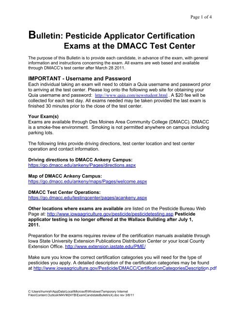 Pesticide Applicator Certification Exams at the DMACC Test Center