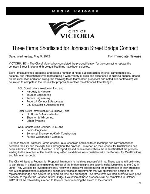 Three Firms Shortlisted for Johnson Street Bridge Contract - Victoria