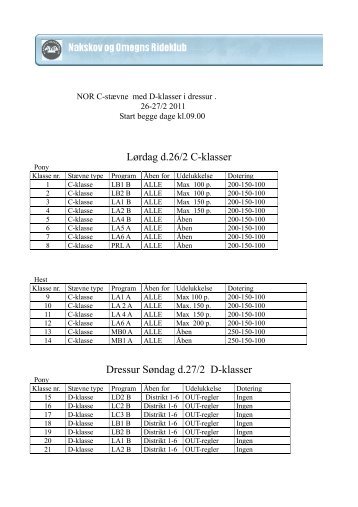 LÃ¸rdag d.26/2 C-klasser Dressur SÃ¸ndag d.27/2 D-klasser