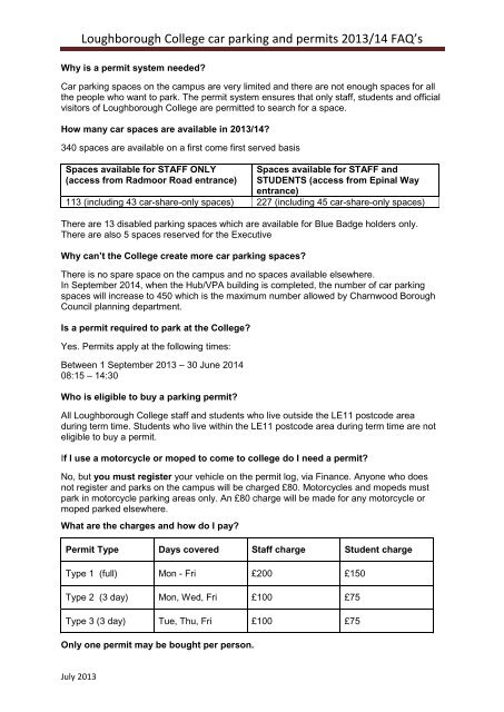 car parking and permits 2013/14 FAQ's - Loughborough College