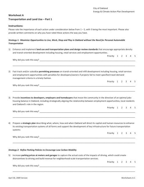 Worksheet A Transportation and Land Use – Part 1 ... - City of Oakland