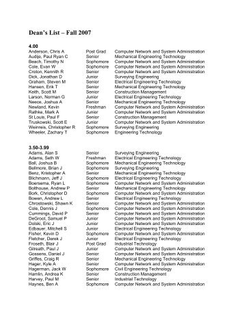 Dean's List â Fall 2007