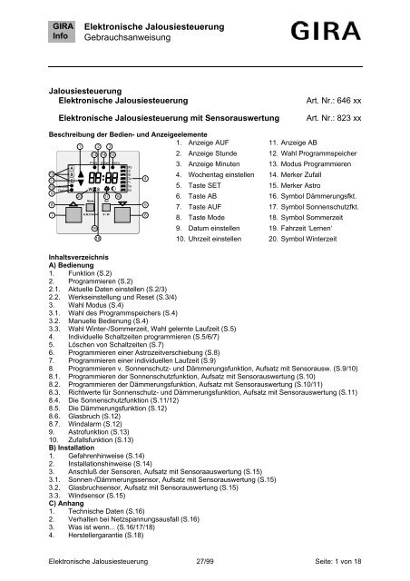 Elektronische Jalousiesteuerung Gebrauchsanweisung