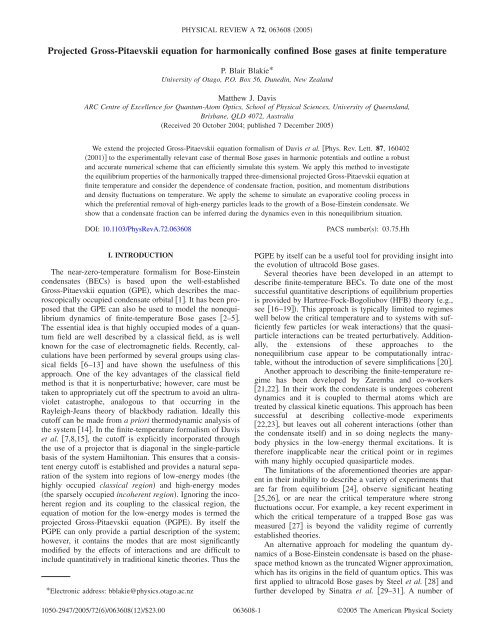 Projected Gross-Pitaevskii equation for harmonically ... - Physics