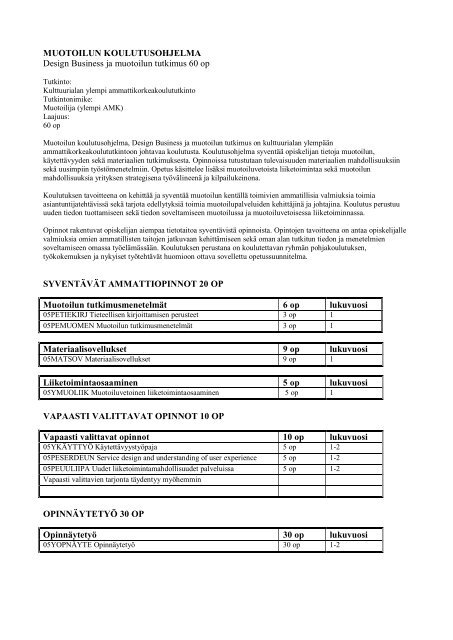 Opinto-opas 2011-2012, Muotoilu - Lahden ammattikorkeakoulu