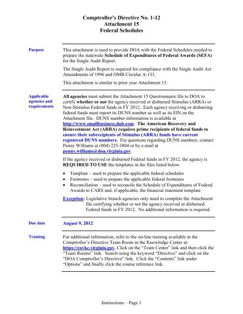 Comptroller's Directive No. 1-12 Attachment 15 Federal Schedules