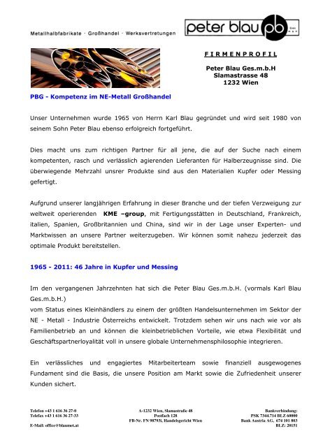 FIRMENPROFIL Peter Blau Ges.mbH Slamastrasse 48 1232 Wien ...