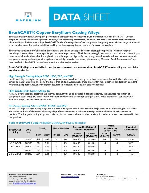 BrushCASTÂ® Copper Beryllium Casting Alloys - Materion