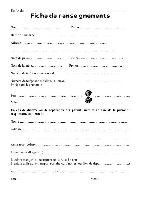 Fiche de renseignements