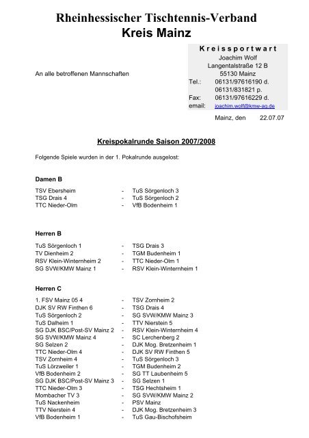 Auslosung 1.Pokalrunde Aktive - RTTV Kreis Mainz