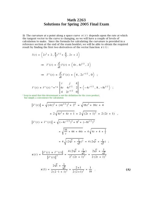 Math 2263 Solutions for Spring 2005 Final Exam