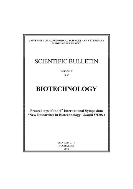 New Researches in Biotechnology - Facultatea de Biotehnologii