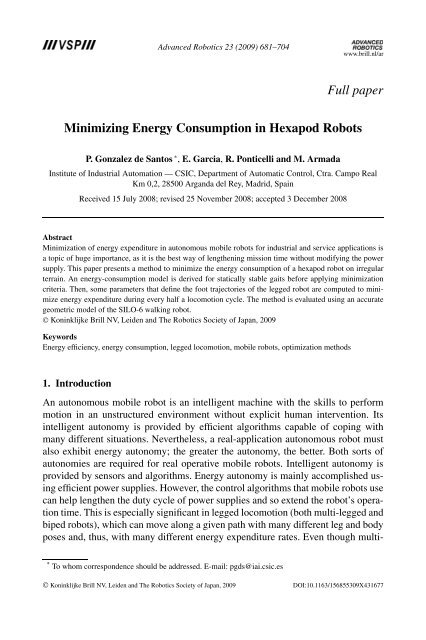 Full paper Minimizing Energy Consumption in Hexapod Robots