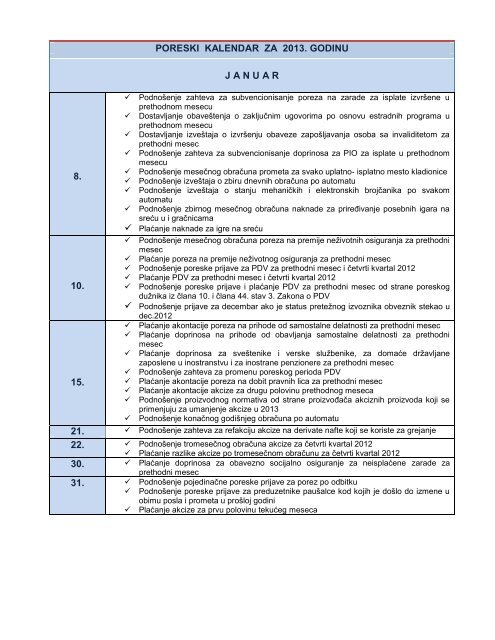 poreski kalendar za 2013. godinu januar 8. 10. 15. 21. 22. 30. 31.