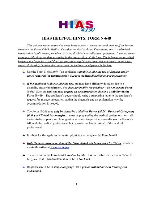 HIAS HELPFUL HINTS: FORM N-648