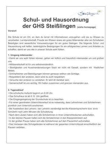 Schul- und Hausordnung der  GHS SteiÃƒÂŸlingen (siehe homepage)