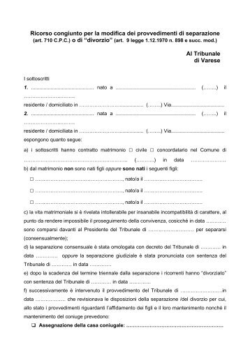 Ricorso congiunto per la modifica dei provvedimenti di separazione ...