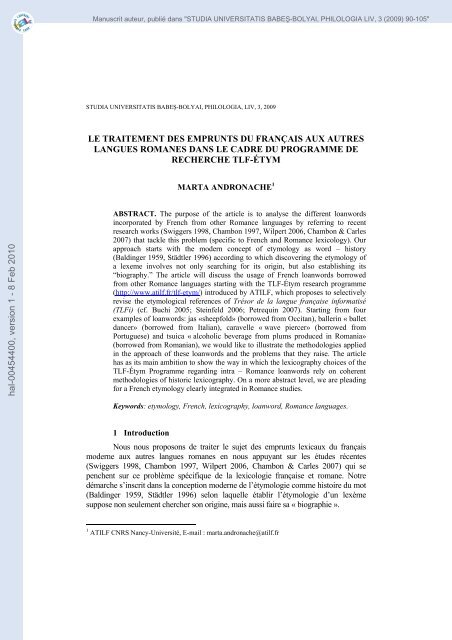 Le traitement des emprunts du français aux autres langues romanes ...