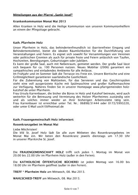 Kirchliche Nachrichten Mai 2013 - Pfarreiengemeinschaft Heusweiler