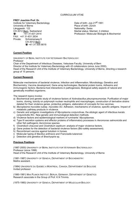 CURRICULUM VITAE FREY Joachim Prof. Dr. Institute for ...