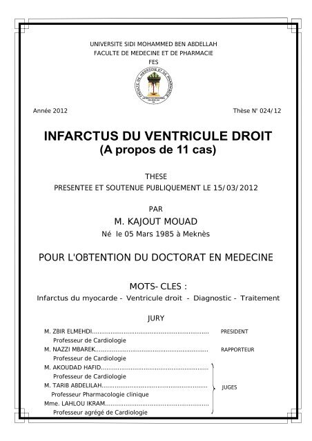 INFARCTUS DU VENTRICULE DROIT - Faculté de Médecine et de ...
