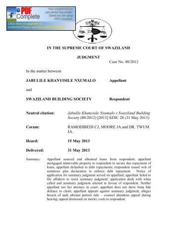 Jabulile Khanyisile Nxumalo vs Building Society.pdf - SwaziLII