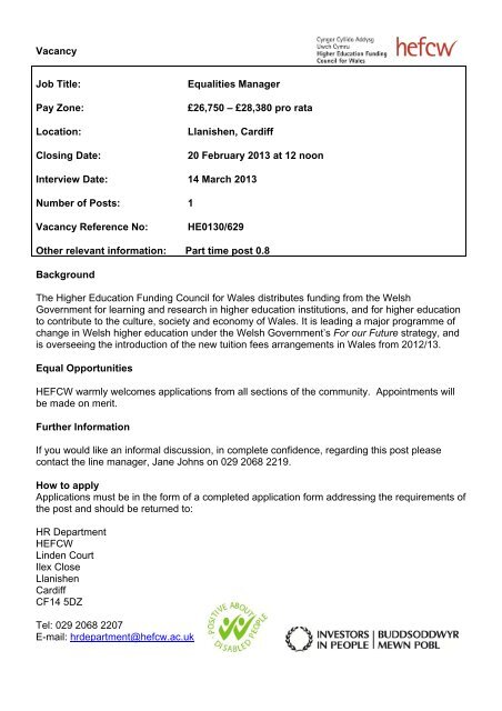 Vacancy Job Title: Equalities Manager Pay Zone: Â£26,750 ...
