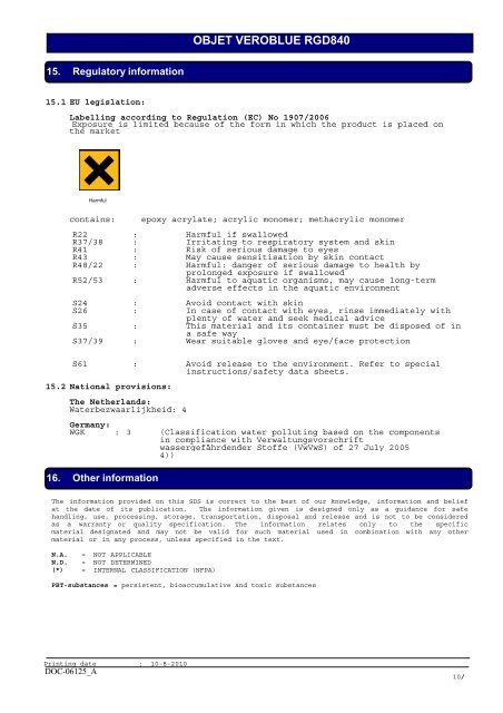 SAFETY DATA SHEET OBJET VEROBLUE RGD840 - Laser Lines Ltd.