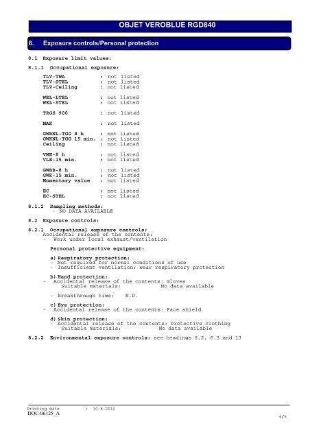 SAFETY DATA SHEET OBJET VEROBLUE RGD840 - Laser Lines Ltd.