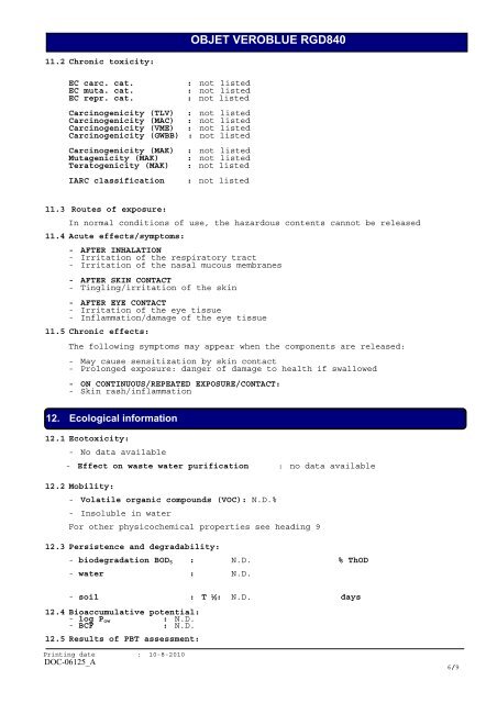 SAFETY DATA SHEET OBJET VEROBLUE RGD840 - Laser Lines Ltd.