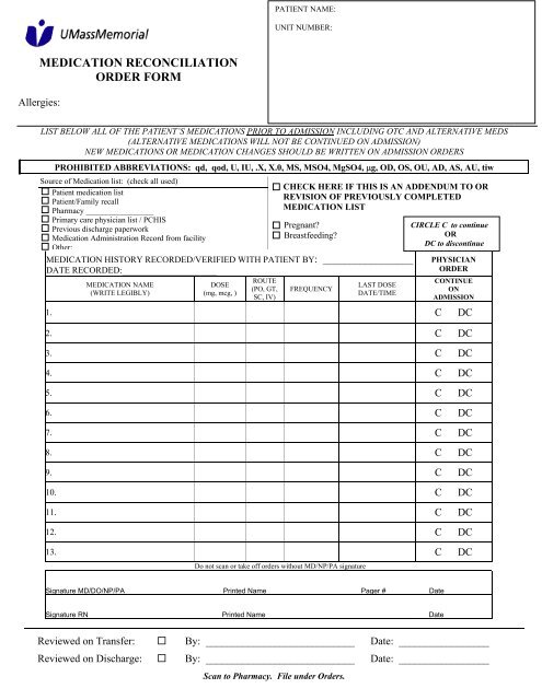 UMassMemorial Medication Reconciliation Order Form