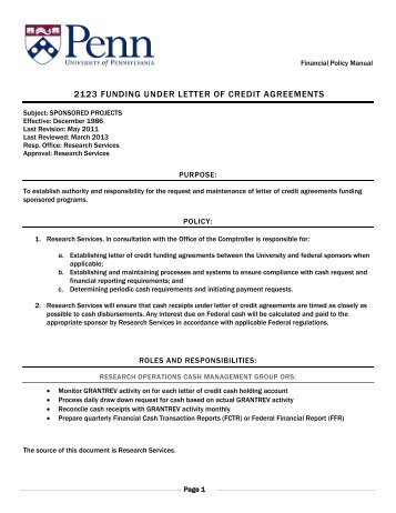 2123 FUNDING UNDER LETTER OF CREDIT AGREEMENTS