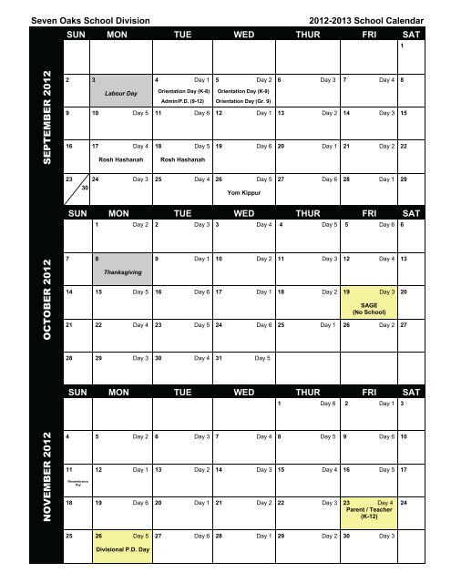2012-2013 Divisional Calendar - Seven Oaks School Division