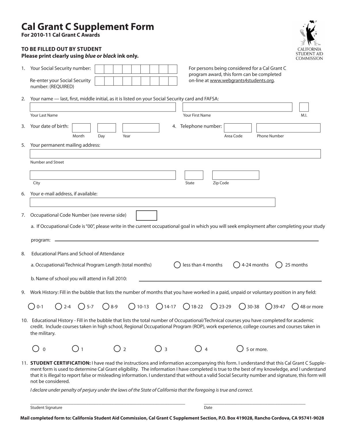 Cal Grant C Supplement Form - CSAC California Student Aid 